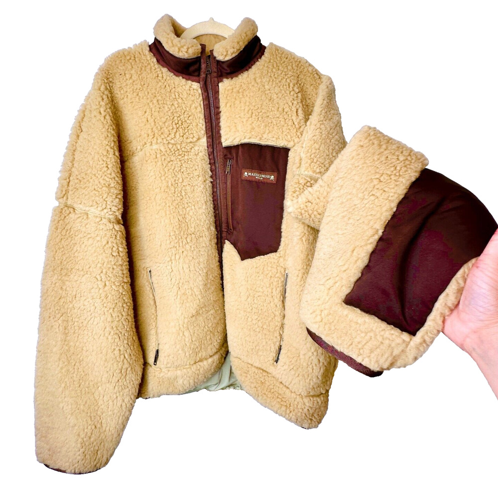 NWT Mastermind World Beige & Brown Cashmere Sherpa Jacket Skull & Crossbone Back - Picture 1 of 16